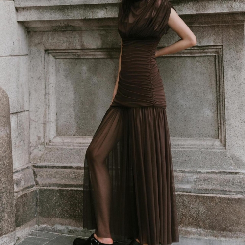 Women's Sexy Ruched Mesh Maxi Dress Sleeveless Turtleneck Slim Fit Spliced Bodycon Long Dress For Party Evening Banquet Elegant Clubwear