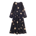 Women's Elegant Polka Dot Print Chiffon Maxi Dress Off-The-Shoulder Long Sleeve High Waist A-Line Flowy Long Dress For Daily Commuting Office Party Casual Wear