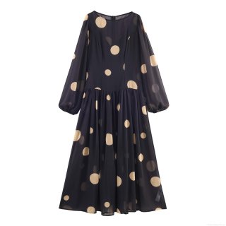 Women's Elegant Polka Dot Print Chiffon Maxi Dress Off-The-Shoulder Long Sleeve High Waist A-Line Flowy Long Dress For Daily Commuting Office Party Casual Wear