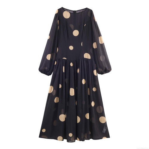 Women's Elegant Polka Dot Print Chiffon Maxi Dress Off-The-Shoulder Long Sleeve High Waist A-Line Flowy Long Dress For Daily Commuting Office Party Casual Wear