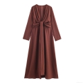 Elegant Women V-Neck Long Sleeve Maxi Dress With Knot Front Ruched Detail Solid Color Polyester Slim Fit Party Evening Long Dress