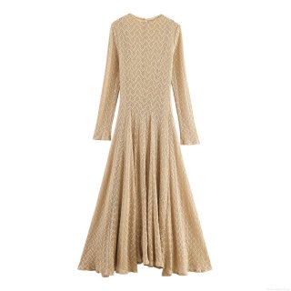 Women Elegant Long Sleeve Maxi Dress Polyester Knit Hollow Mesh Round Neck Slim Fit A-Line Big Swing Dress for Party Date Daily