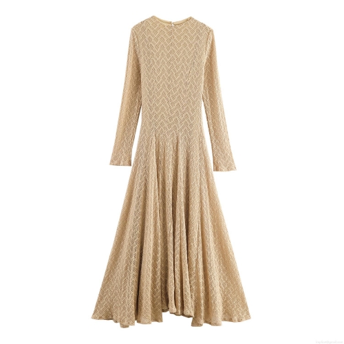 Women Elegant Long Sleeve Maxi Dress Polyester Knit Hollow Mesh Round Neck Slim Fit A-Line Big Swing Dress for Party Date Daily