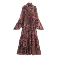 Women's Bohemian Paisley Print Chiffon Maxi Dress Retro Ruffle Tiered Layered Tie Neck Long Sleeve Flowy Party Long Dresses