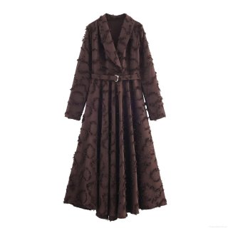 Women Elegant Jacquard Cut Flower Maxi Dress Lapel V Neck Long Sleeve With Belt High Waist A-Line Party Evening Gown Coffee Brown Autumn Winter Clothing