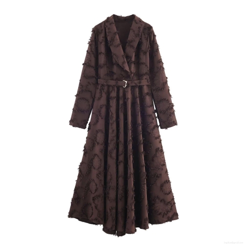 Women Elegant Jacquard Cut Flower Maxi Dress Lapel V Neck Long Sleeve With Belt High Waist A-Line Party Evening Gown Coffee Brown Autumn Winter Clothing