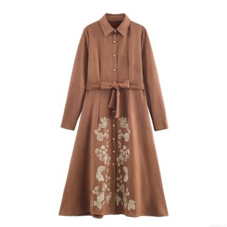 Women Fall Winter Suede Floral Embroidery Shirt Maxi Dress Elegant Long Sleeve Tie Waist Button Down Vintage Long Dress