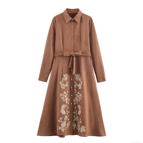 Women Fall Winter Suede Floral Embroidery Shirt Maxi Dress Elegant Long Sleeve Tie Waist Button Down Vintage Long Dress