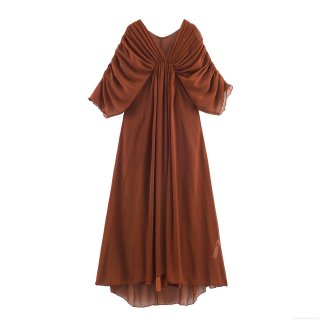 Elegant V-Neck Pleated Maxi Dress Polyester Solid Color Loose High Waist Long Sleeve Evening Party Gown For Women Summer Western Style Fashion Dress