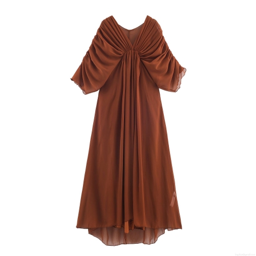 Elegant V-Neck Pleated Maxi Dress Polyester Solid Color Loose High Waist Long Sleeve Evening Party Gown For Women Summer Western Style Fashion Dress