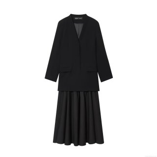 Elegant Black Long Sleeve Spliced Suit Dress For Women High Waist Pleated Maxi Skirts Office Lady Commuter Dress Solid Polyester Formal Party Wear