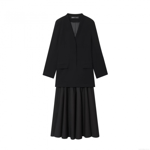 Elegant Black Long Sleeve Spliced Suit Dress For Women High Waist Pleated Maxi Skirts Office Lady Commuter Dress Solid Polyester Formal Party Wear