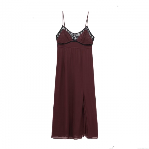 Women's Sexy Backless Maxi Dress Lace Patchwork Acetate Satin Spaghetti Strap Side Split Evening Long Dress Slim Fit Elegant Party Formal Gown