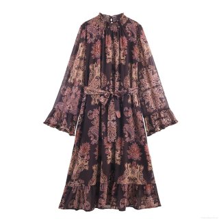 Women's Bohemian Chiffon Maxi Dress Vintage Paisley Floral Print Flare Long Sleeve Ruffle Stand Collar Smocked Waist Flowy Dress For Vacation Party