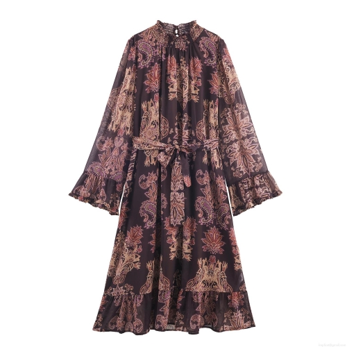 Women's Bohemian Chiffon Maxi Dress Vintage Paisley Floral Print Flare Long Sleeve Ruffle Stand Collar Smocked Waist Flowy Dress For Vacation Party