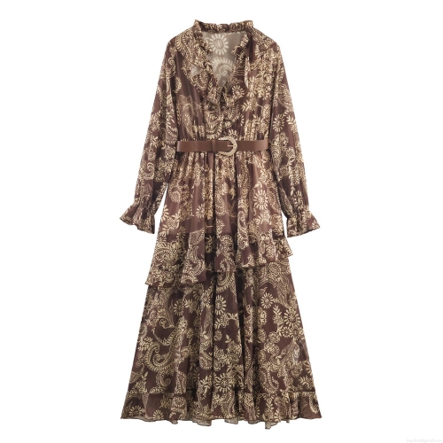 Women's Bohemian Maxi Dress Elegant V Neck Long Sleeve Chiffon Polyester Paisley Floral Print Tiered Ruffle Dress With Belt For Beach Vacation Summer Autumn Retro Ladies Long Dresses