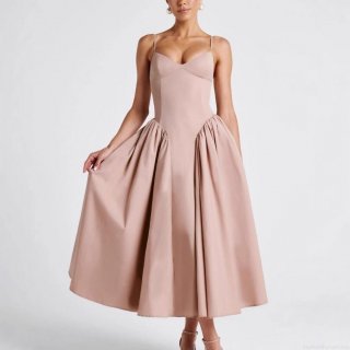 Women Spaghetti Strap V Neck Pleated Maxi Dress Lace Up Back A-Line Long Dress For Party Evening Wedding Summer Elegant Chic Sundress