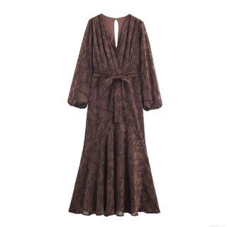 Women's Elegant V-Neck Long Sleeve Maxi Dress With Belt Coffee Burnout Jacquard Floral Pattern Fishtail Evening Party Gown For Women