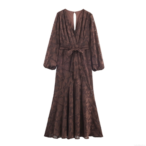 Women's Elegant V-Neck Long Sleeve Maxi Dress With Belt Coffee Burnout Jacquard Floral Pattern Fishtail Evening Party Gown For Women
