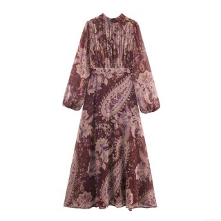 Women Bohemian Paisley Print Maxi Dress Wine Red Viscose Chiffon Pleated Long Sleeve Stand Collar High Waist A-Line Long Swing Dress For Vacation Daily Wear