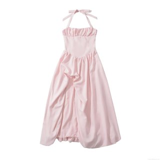 Women's Sexy Halter Backless Maxi Dress 100% Polyester Pleated Bodice High Slit Lace Up Party Evening Gown Elegant High Waist Split Long Dress