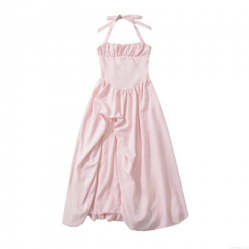 Women's Sexy Halter Backless Maxi Dress 100% Polyester Pleated Bodice High Slit Lace Up Party Evening Gown Elegant High Waist Split Long Dress