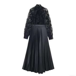 Elegant Black Mesh Flocking Patchwork Maxi Dress For Women Vintage Long Sleeve Bow Tie Neck High Waist Pleated Evening Party Long Dress
