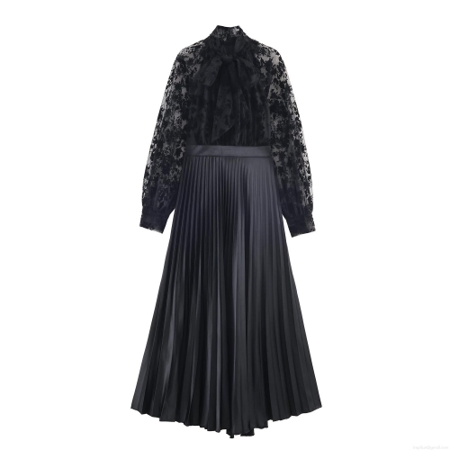 Elegant Black Mesh Flocking Patchwork Maxi Dress For Women Vintage Long Sleeve Bow Tie Neck High Waist Pleated Evening Party Long Dress