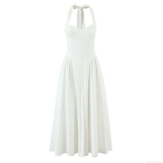 Elegant French Halter Neck Lace Up Backless Maxi Dress 95% Polyester 5% Spandex Single Breasted Slit Long Dress For Women Party Vacation