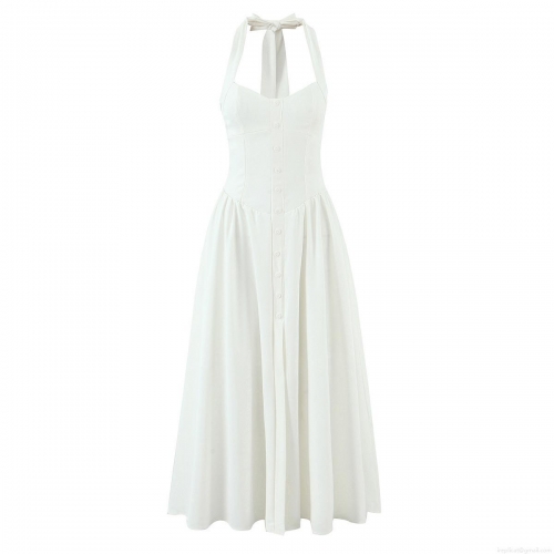 Elegant French Halter Neck Lace Up Backless Maxi Dress 95% Polyester 5% Spandex Single Breasted Slit Long Dress For Women Party Vacation