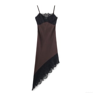 Women's Sexy Coffee Satin Cami Dress With Black Lace Patchwork Asymmetrical Hem V-Neck Sleeveless Polyester Maxi Dress For Evening Party Banquet Clubwear
