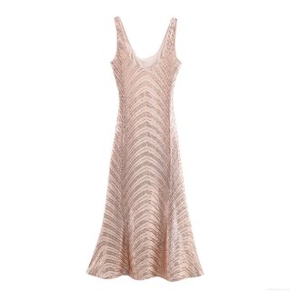 Women Sexy V Neck Sleeveless Sequined Maxi Dress With Mesh Lining Sparkly Champagne Pink Evening Gown For Banquet Party Wedding Luxury Bodycon Mermaid Dress