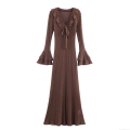 Women's Sexy V-Neck Ruffle Knit Maxi Dress Hollow Out Mesh Flared Long Sleeve Tie Front Elegant Bodycon Evening Party Long Dress Coffee Brown Slim Fit Women Clothing