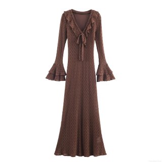 Women's Sexy V-Neck Ruffle Knit Maxi Dress Hollow Out Mesh Flared Long Sleeve Tie Front Elegant Bodycon Evening Party Long Dress Coffee Brown Slim Fit Women Clothing