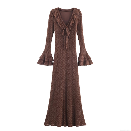 Women's Sexy V-Neck Ruffle Knit Maxi Dress Hollow Out Mesh Flared Long Sleeve Tie Front Elegant Bodycon Evening Party Long Dress Coffee Brown Slim Fit Women Clothing