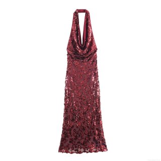 Women Sexy Sequin Cowl Neck Halter Maxi Dress Backless Sparkling Evening Gown For Party Banquet Wedding Occasion Sleeveless Bodycon Dress
