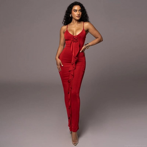 Women's Sexy Spaghetti Strap Maxi Dress With 3D Rose Flower Ruffle Trim Slim Fit High Waist Backless Bodycon Party Evening Gown
