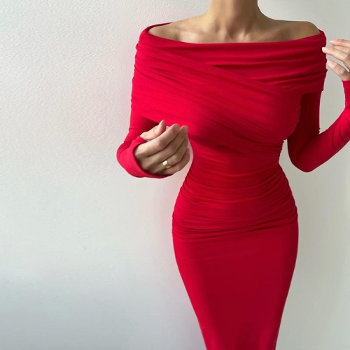 Elegant Women Red Off Shoulder Ruched Bodycon Maxi Dress Sexy Long Sleeve Polyester Spandex Slim Fit Party Evening Gown For Women