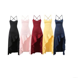 Women's Elegant Satin Cami Maxi Dress Sexy Backless Crisscross Strap Irregular Ruffle Hem V Neck Slit Long Party Evening Dress For Women
