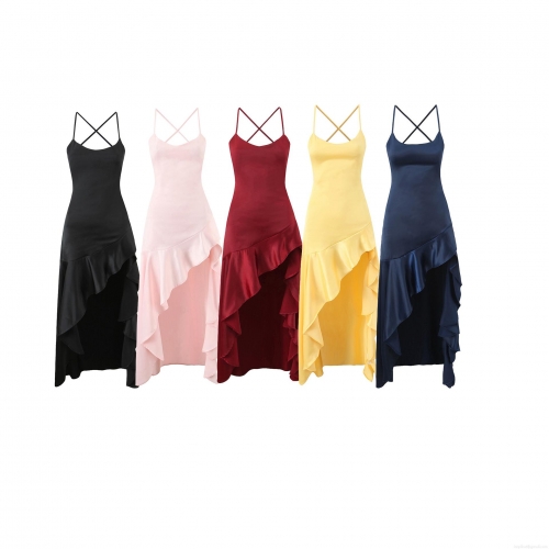 Women's Elegant Satin Cami Maxi Dress Sexy Backless Crisscross Strap Irregular Ruffle Hem V Neck Slit Long Party Evening Dress For Women