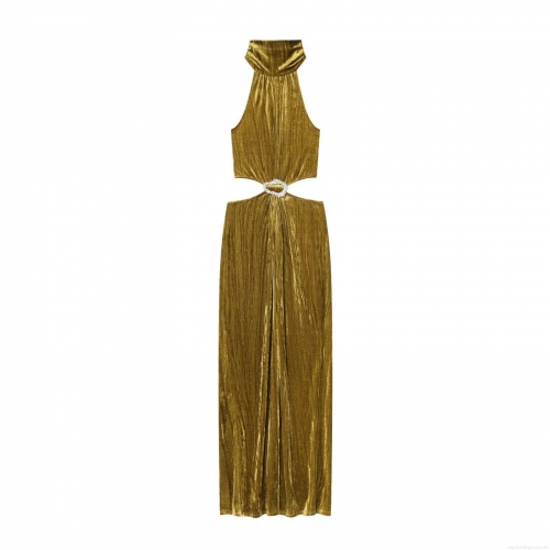 Sexy Halter Neck Velvet Maxi Dress For Women Elegant Cut-out Waist With Rhinestone Buckle Sleeveless Backless Pleated Long Evening Party Club Dresses