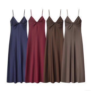 Women's Elegant Satin Maxi Dress Spaghetti Strap Backless V-Neck Twist Front Ruched Long Dress For Evening Party Clubwear Solid Color