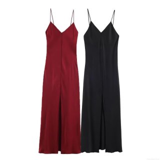 Women's Satin Slip Maxi Dress Spaghetti Strap Deep V Neck Front Slit Sexy Solid Color Evening Party Gown Bodycon Streetwear Summer Dress
