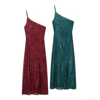 One-Shoulder Sequin Slit Maxi Dress Polyester Sparkly Bodycon Party Evening Dress For Women Sexy Slant Neck Sleeveless Formal Banquet Prom Gown
