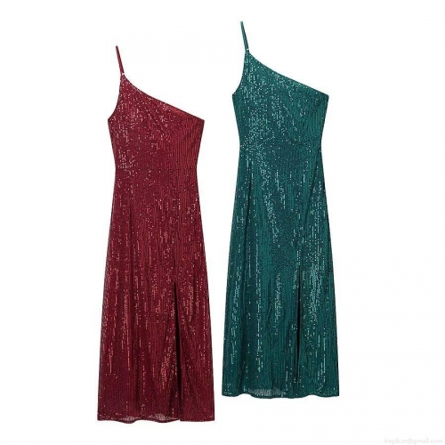 One-Shoulder Sequin Slit Maxi Dress Polyester Sparkly Bodycon Party Evening Dress For Women Sexy Slant Neck Sleeveless Formal Banquet Prom Gown