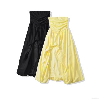 Women Sexy Strapless Bandeau Maxi Dress Solid Color Ruched Waist Backless Criss Cross Tie Up Slit Evening Party Clubwear Long Dress