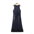 Women's Deep Blue Sequin Faux Fur Hem Sleeveless Round Neck Bodycon Maxi Dress Sexy Nightclub Party Evening Sparkly Patchwork Gown