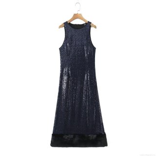 Women's Deep Blue Sequin Faux Fur Hem Sleeveless Round Neck Bodycon Maxi Dress Sexy Nightclub Party Evening Sparkly Patchwork Gown