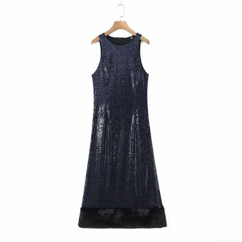 Women's Deep Blue Sequin Faux Fur Hem Sleeveless Round Neck Bodycon Maxi Dress Sexy Nightclub Party Evening Sparkly Patchwork Gown