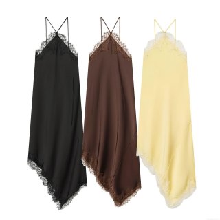 Women's Sexy Lace Patchwork Asymmetric Hem Satin Silk Texture Slip Maxi Dress Spaghetti Strap Sleeveless V Neck Lingerie Style Elegant Party Dress